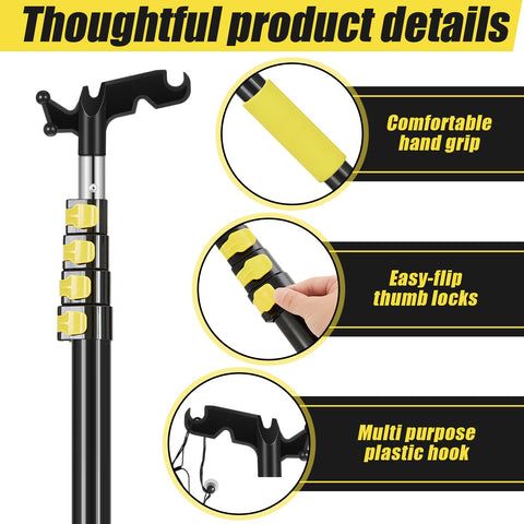 Leriton utility hook on extension pole secures lights for safe installations.