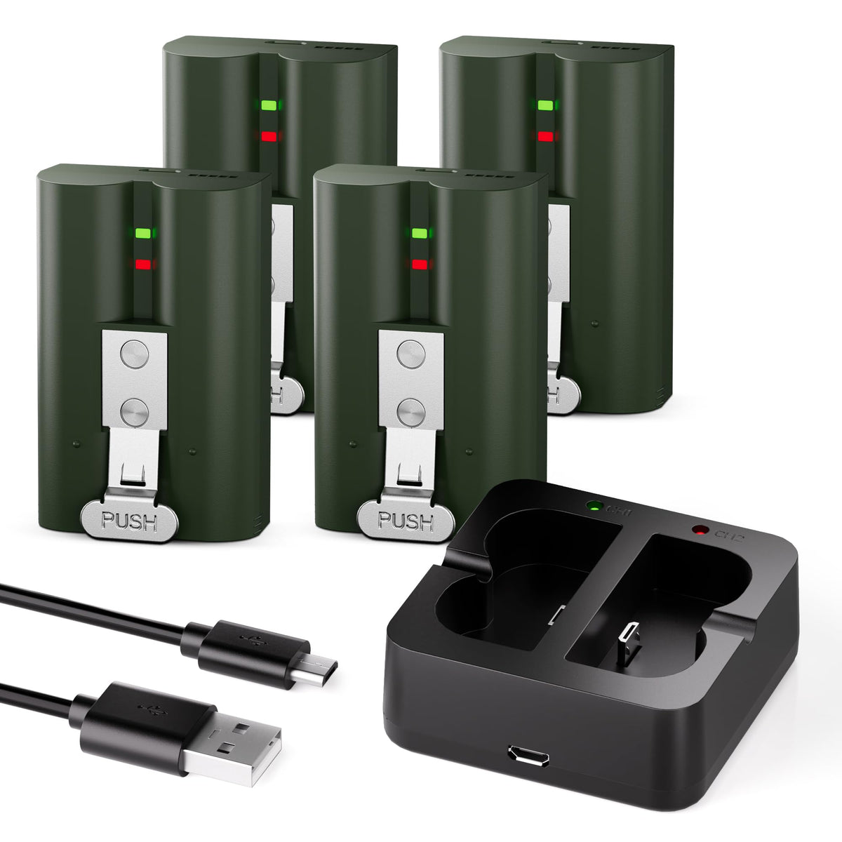 Lesaps four-pack battery set in military green powering Ring devices with extended uptime.