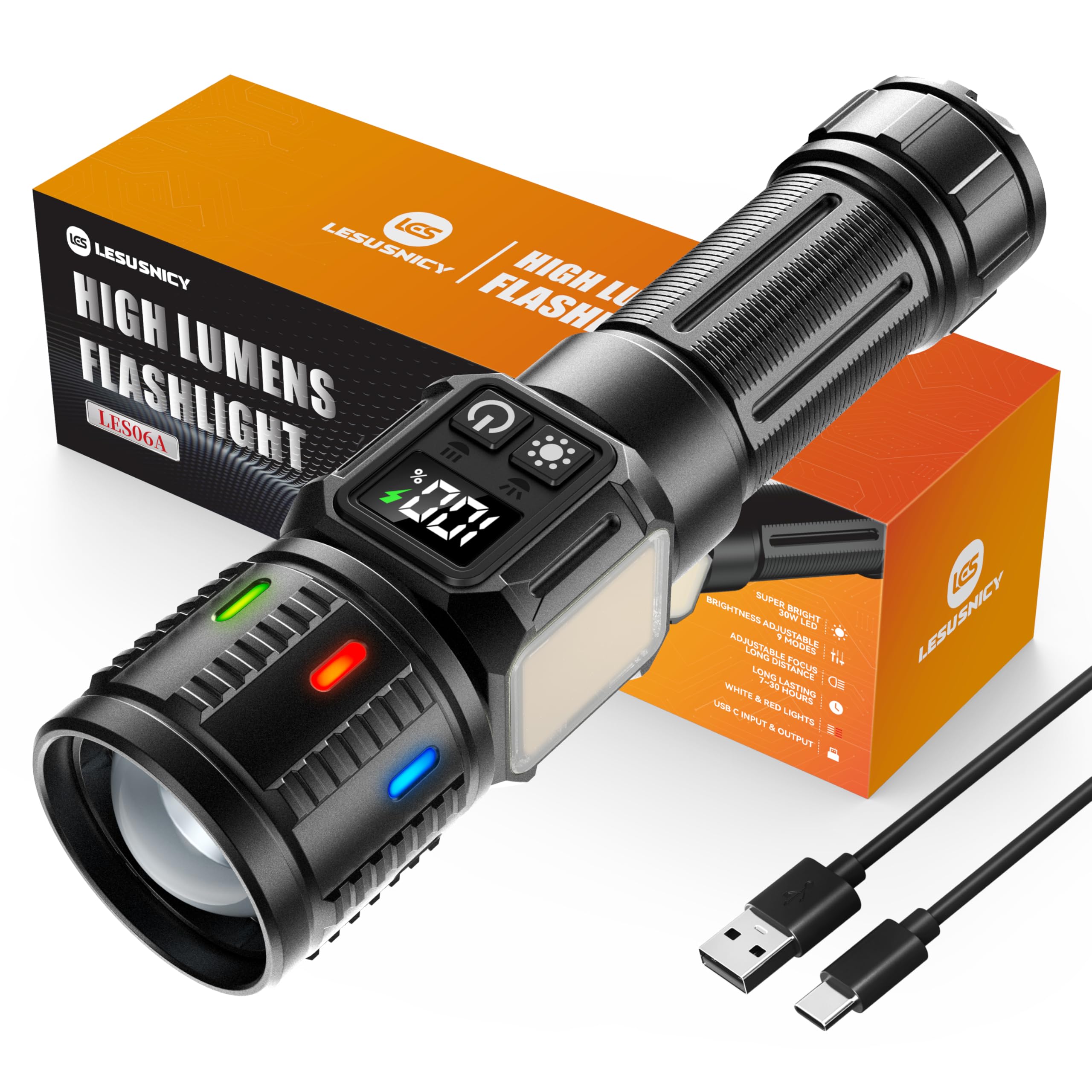 Lesusnicy rechargeable flashlight beam focus enables long-range visibility for outdoor use.