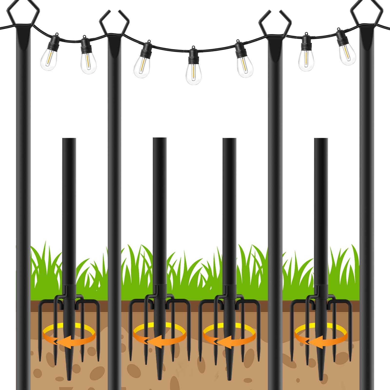 Letianpai 4-pack string light poles ready for quick assembly in a garden setting.