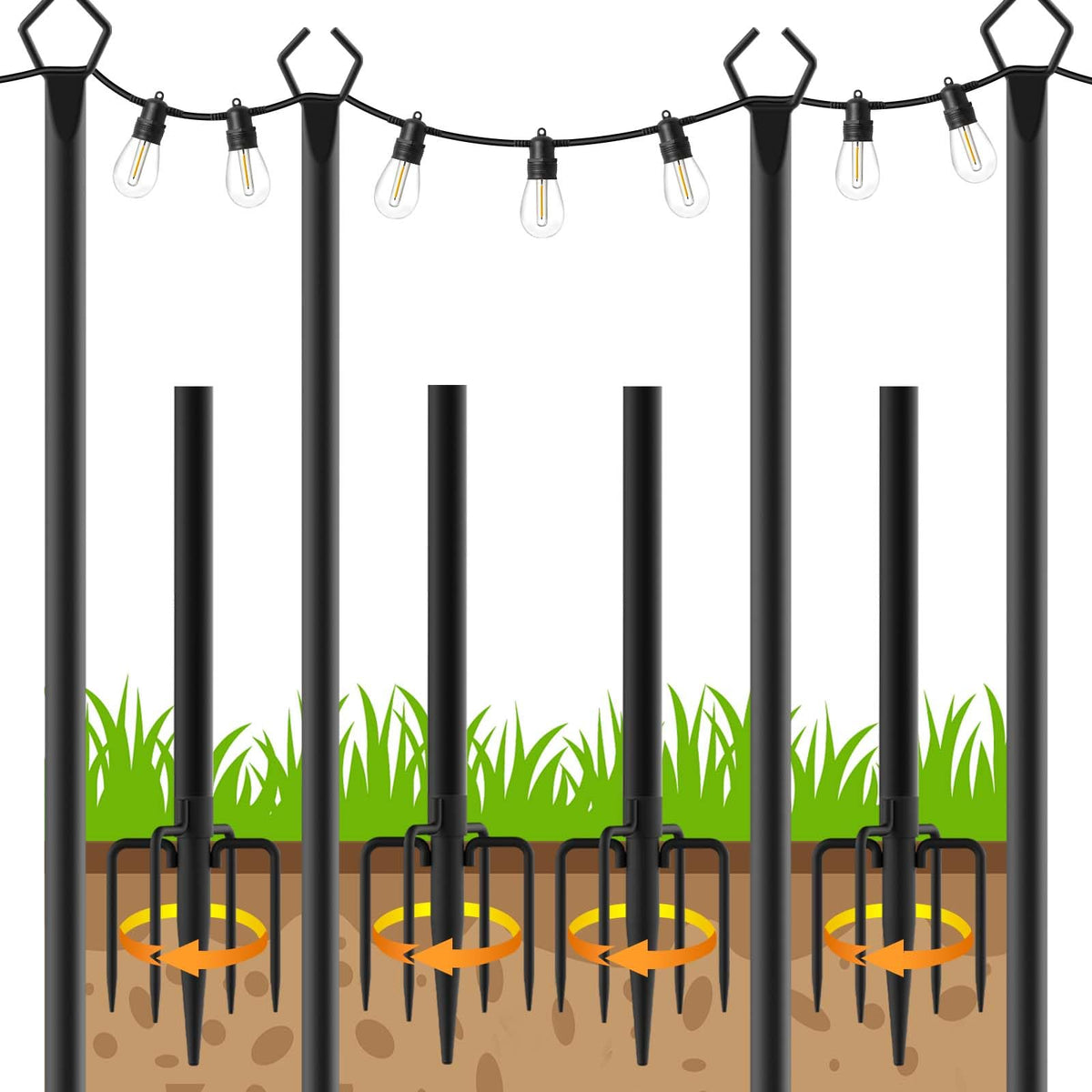 Letianpai 4-pack string light poles ready for quick assembly in a garden setting.