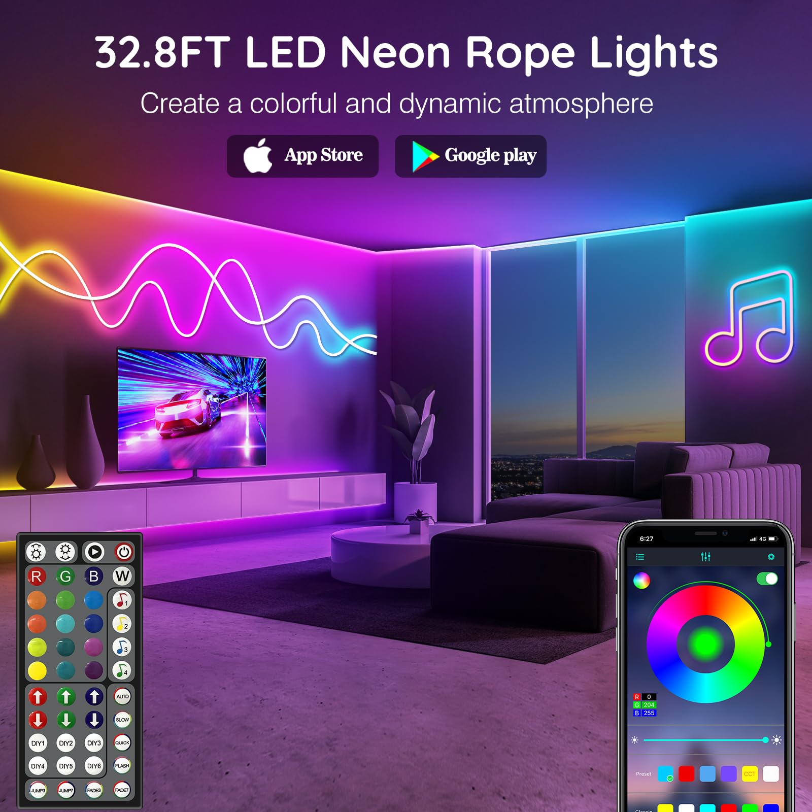 Letianpai neon rope light remote and app control for easy mood customization.