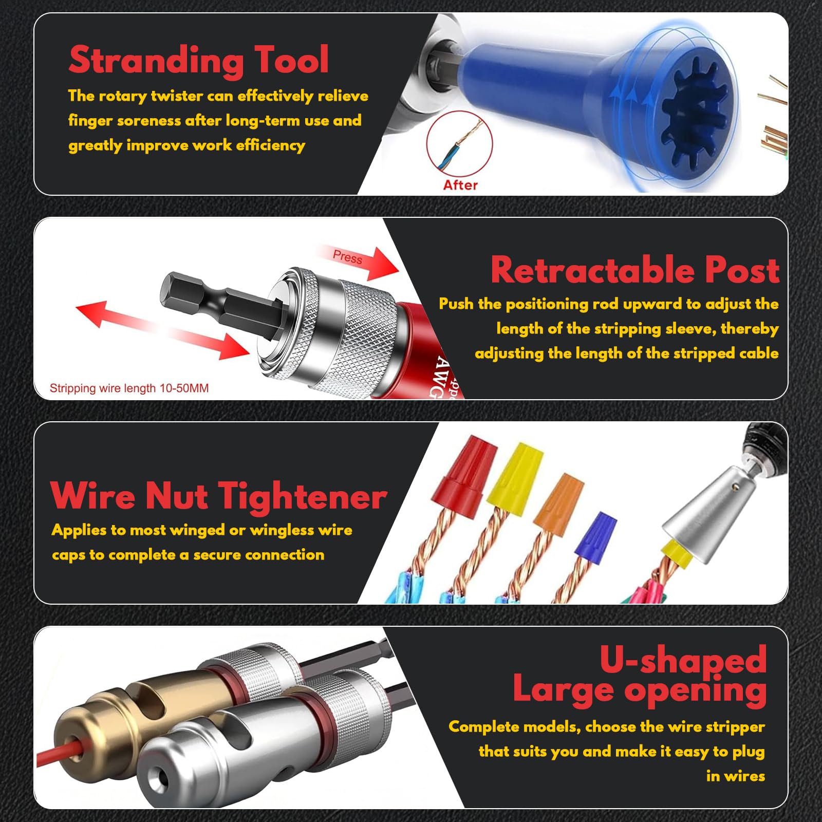 Letine rapid wire twisting capability connects 2-5 wires in seconds.