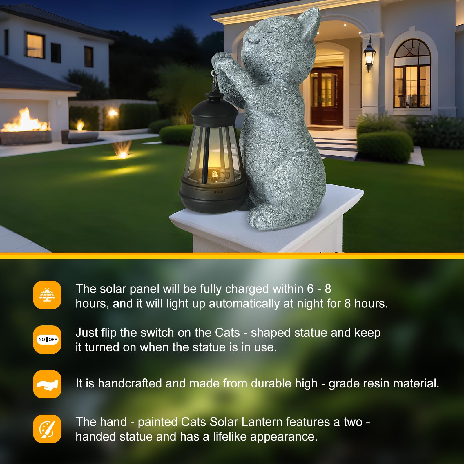 LETITIN 8-inch cat statue lights path with warm ambience.