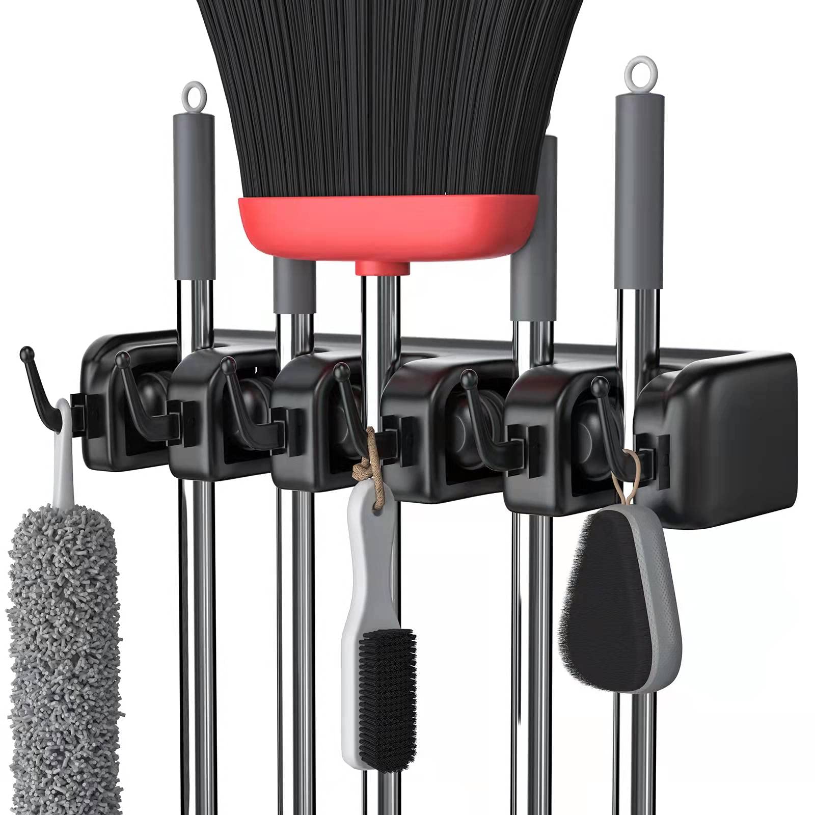 LETMY broom holder wall mount with 5 positions and 6 hooks for organized storage.