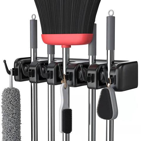 LETMY broom holder wall mount with 5 positions and 6 hooks for organized storage.