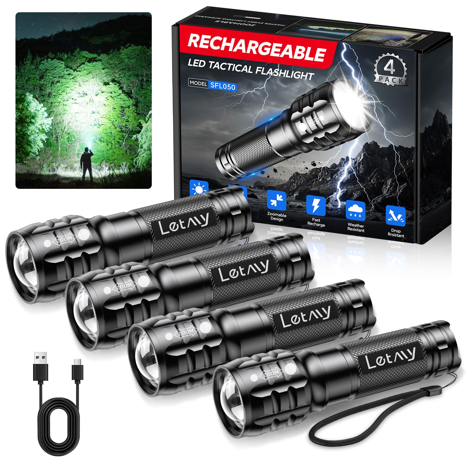 LETMY four-pack rechargeable flashlights offer portable reliability for home and outdoor use.