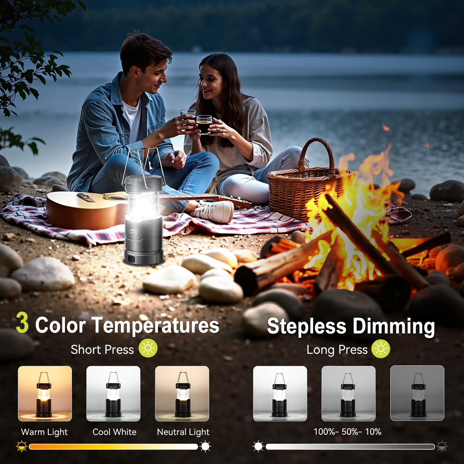 LETMY lantern showing three modes and dimmable brightness.