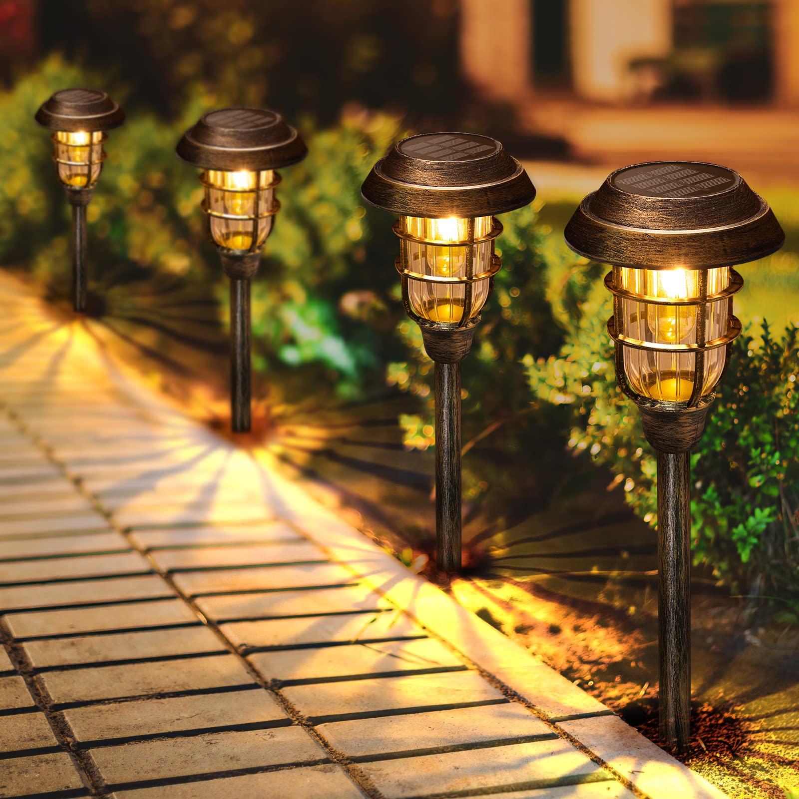 LETMY bronze solar pathway light with warm glow for gardens.