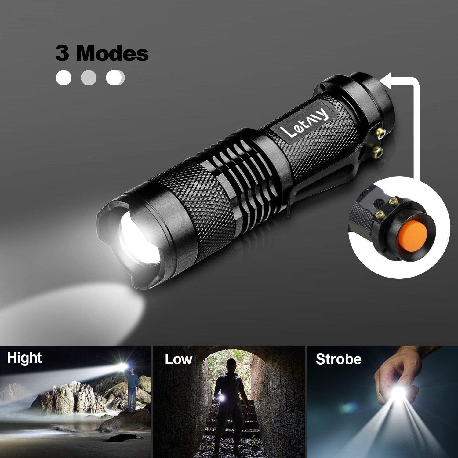 LETMY Tactical Flashlight with zoomable focus for adjustable distance.