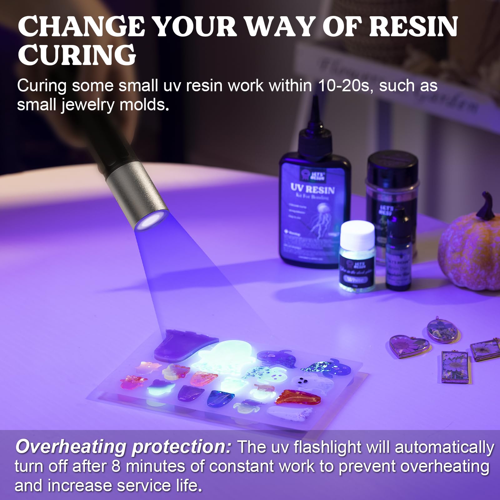 LET'S RESIN UV light offers wide coverage to cure multiple tiny objects at once.