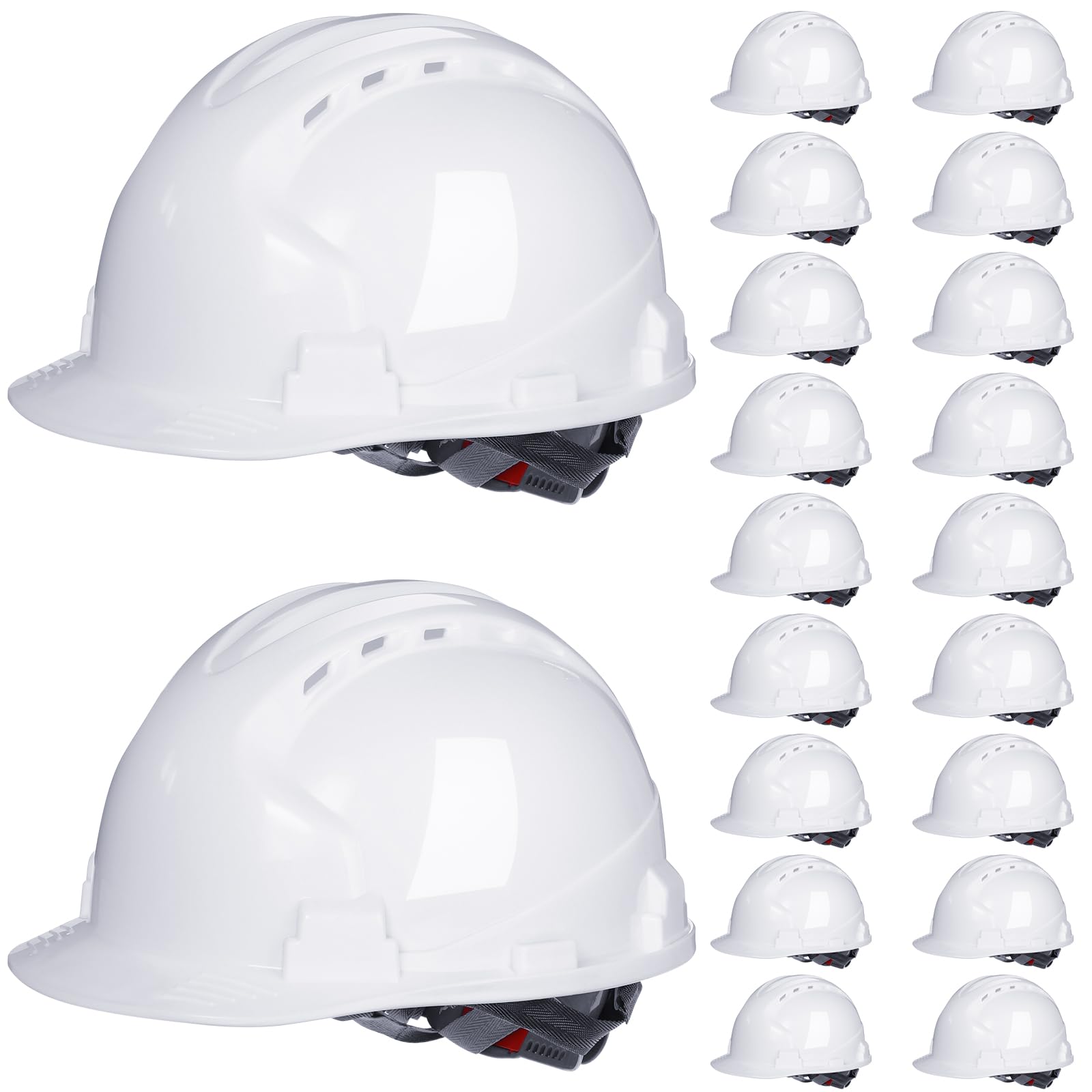 Leumoi 20-pack white hard hats front view for bulk job site safety
