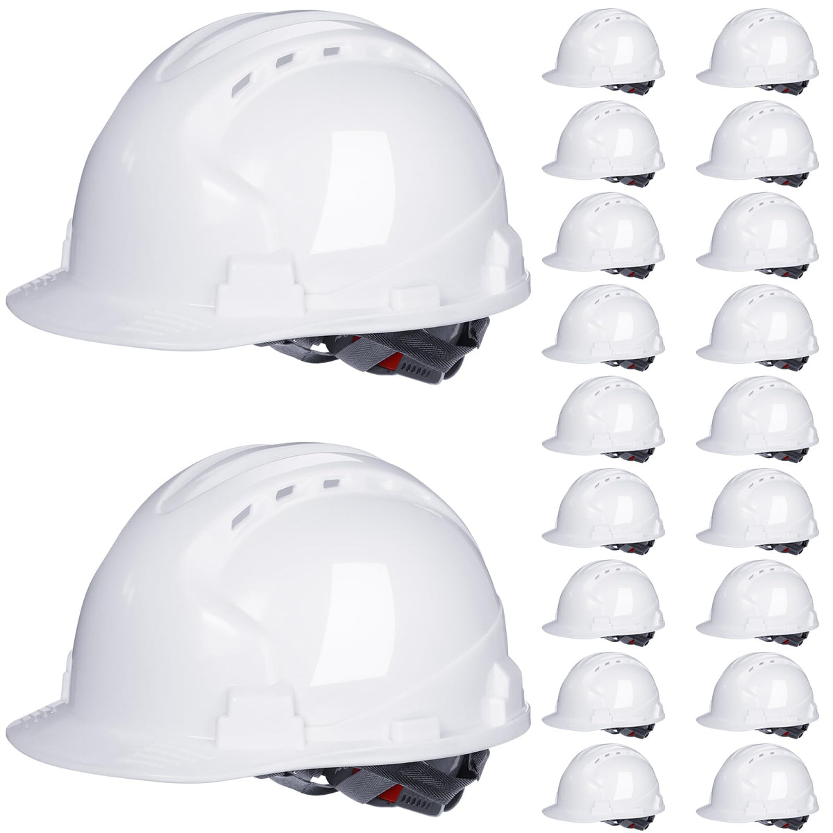Leumoi 20-pack white hard hats front view for bulk job site safety