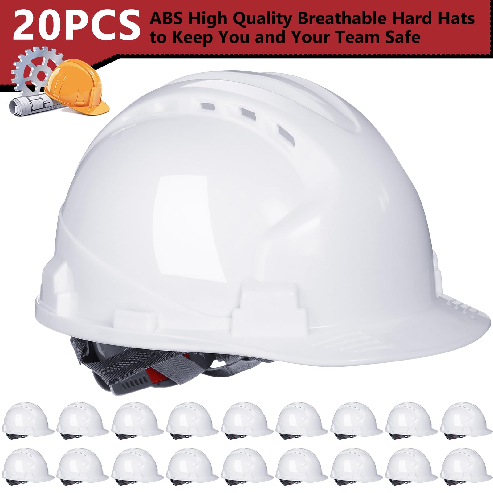 Leumoi 20-pack white hard hats side view ready for team use