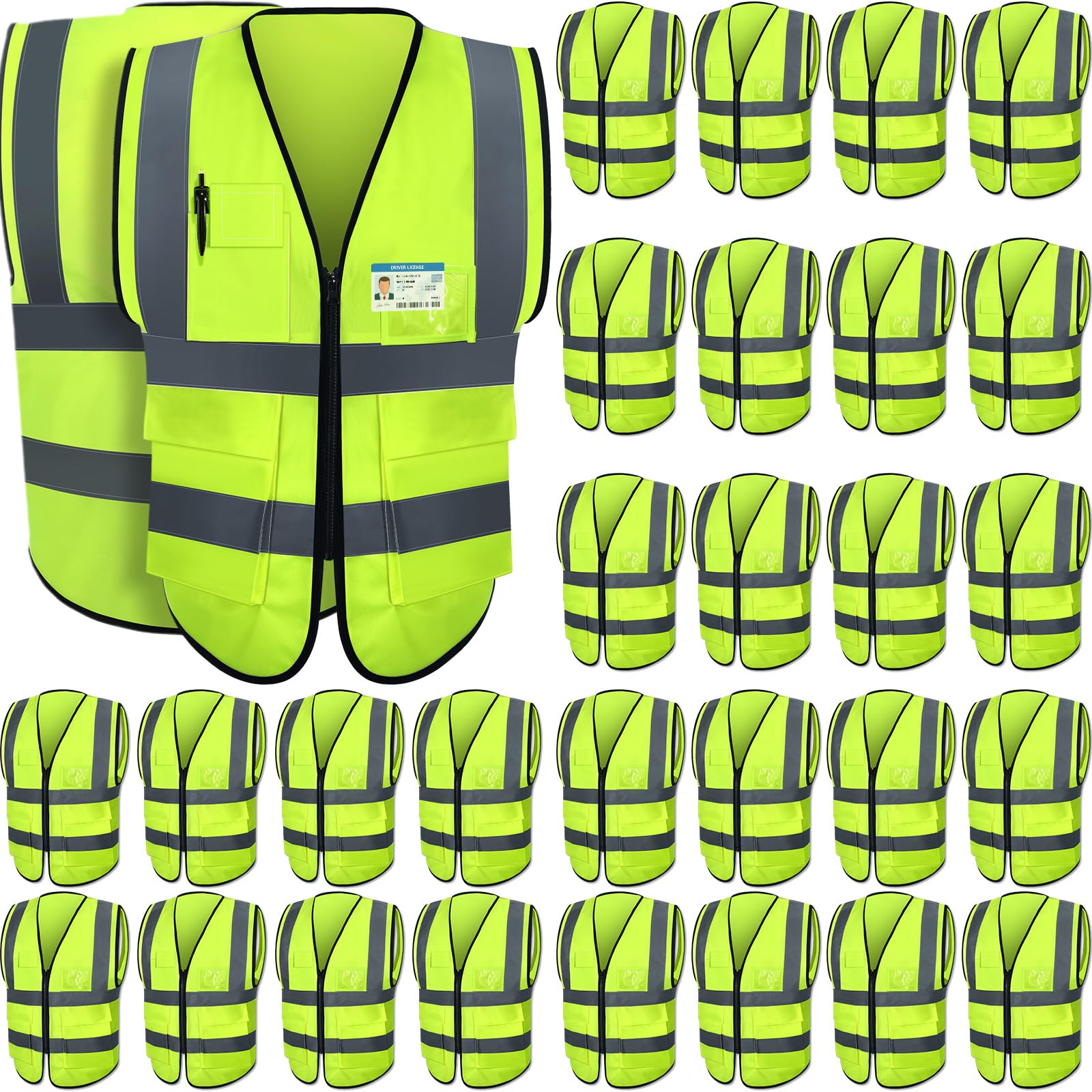 Leumoi safety vest front view highlighting fluorescent green fabric and 360-degree visibility