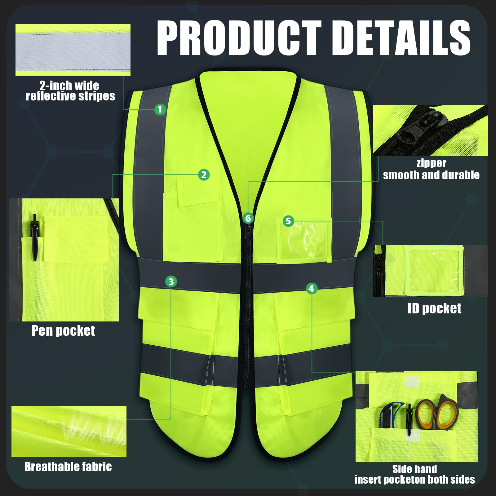 Leumoi safety vest pocket close-up illustrating practical storage options