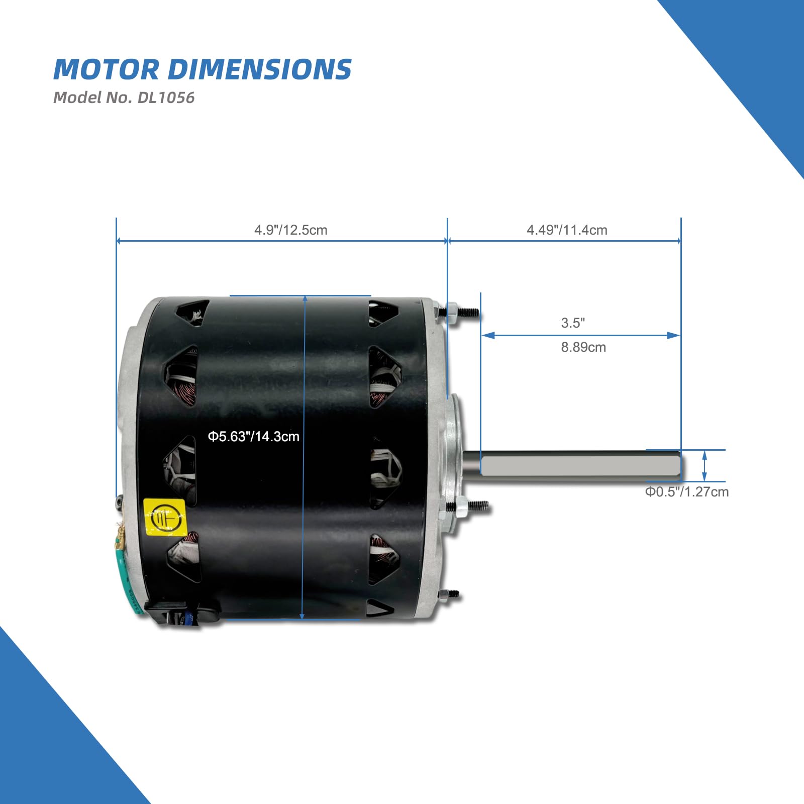 LEUNGOO DL1056 blower motor side view showcasing compact 48-frame design