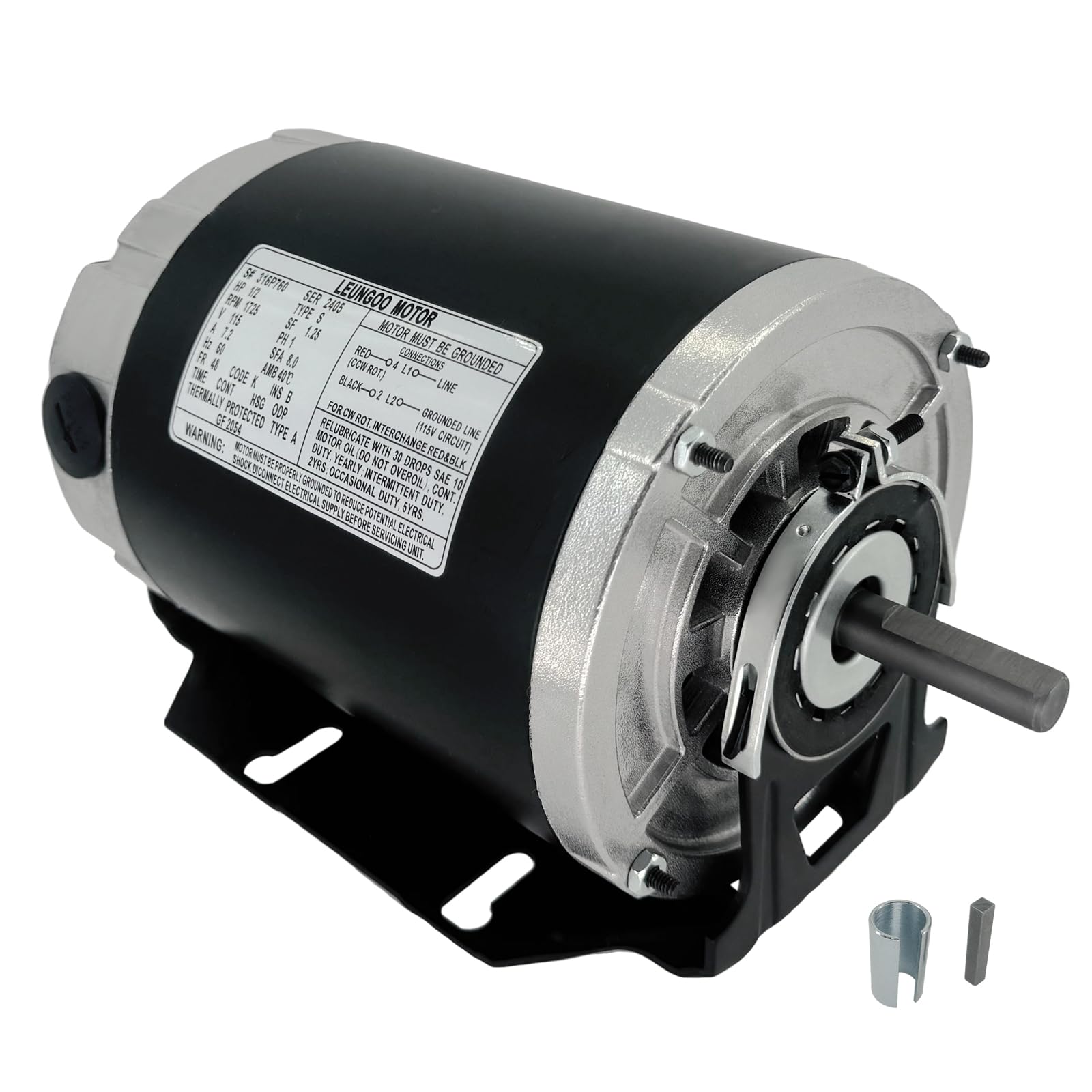 LEUNGOO GF2054 blower motor side view showing compact 48-frame and 1/2 HP capability.