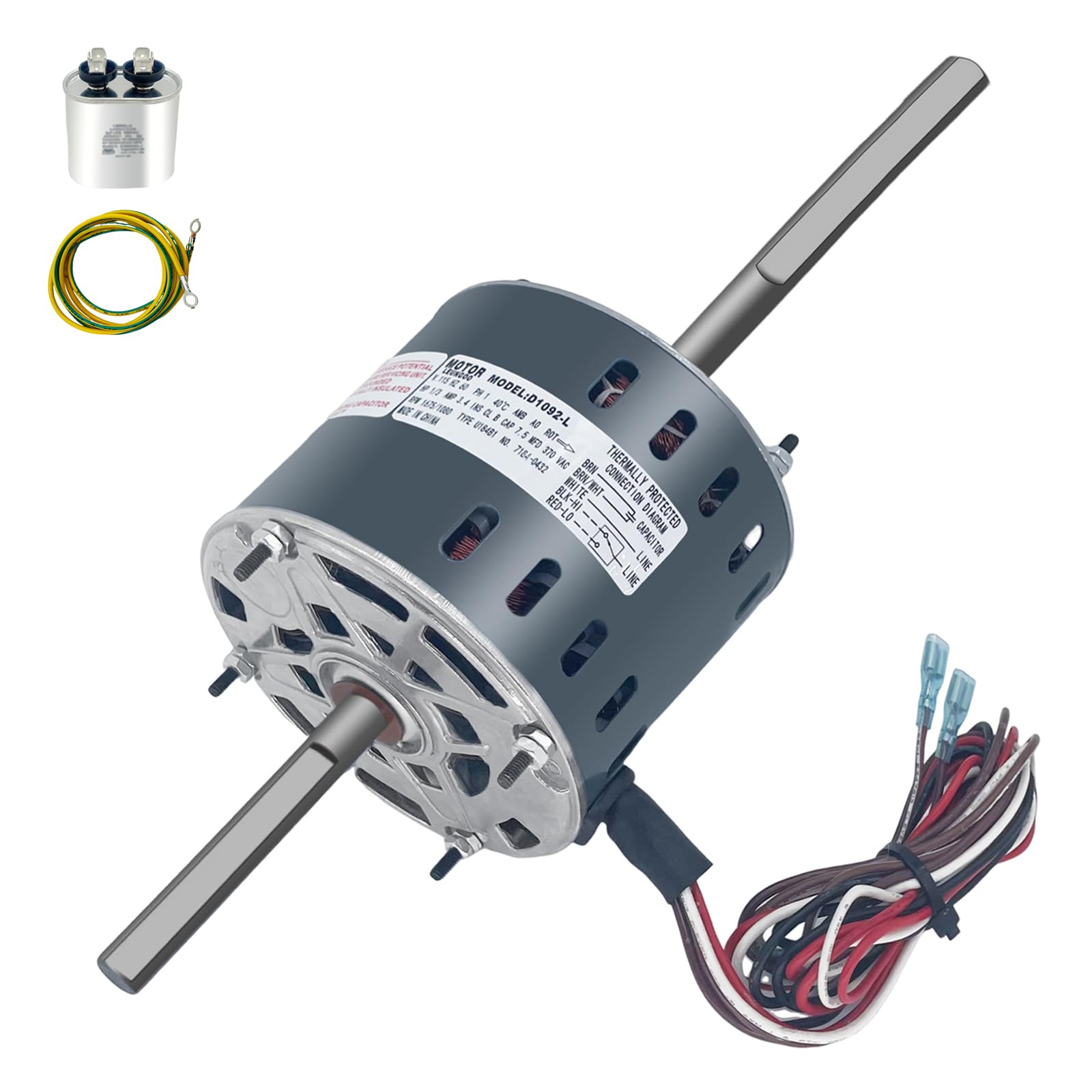 LEUNGOO RV AC fan motor with capacitor included for quick, easy replacement.