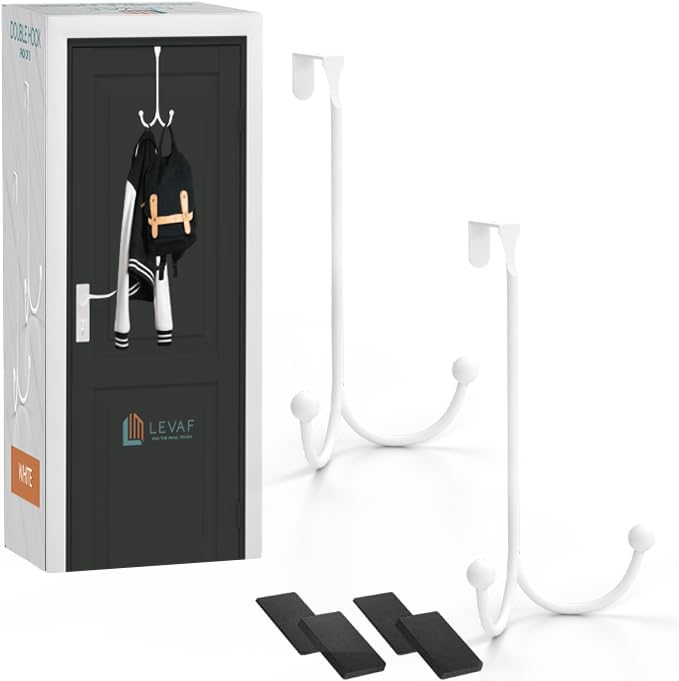 LEVAF two-head over-the-door hook ready for towels and robes.