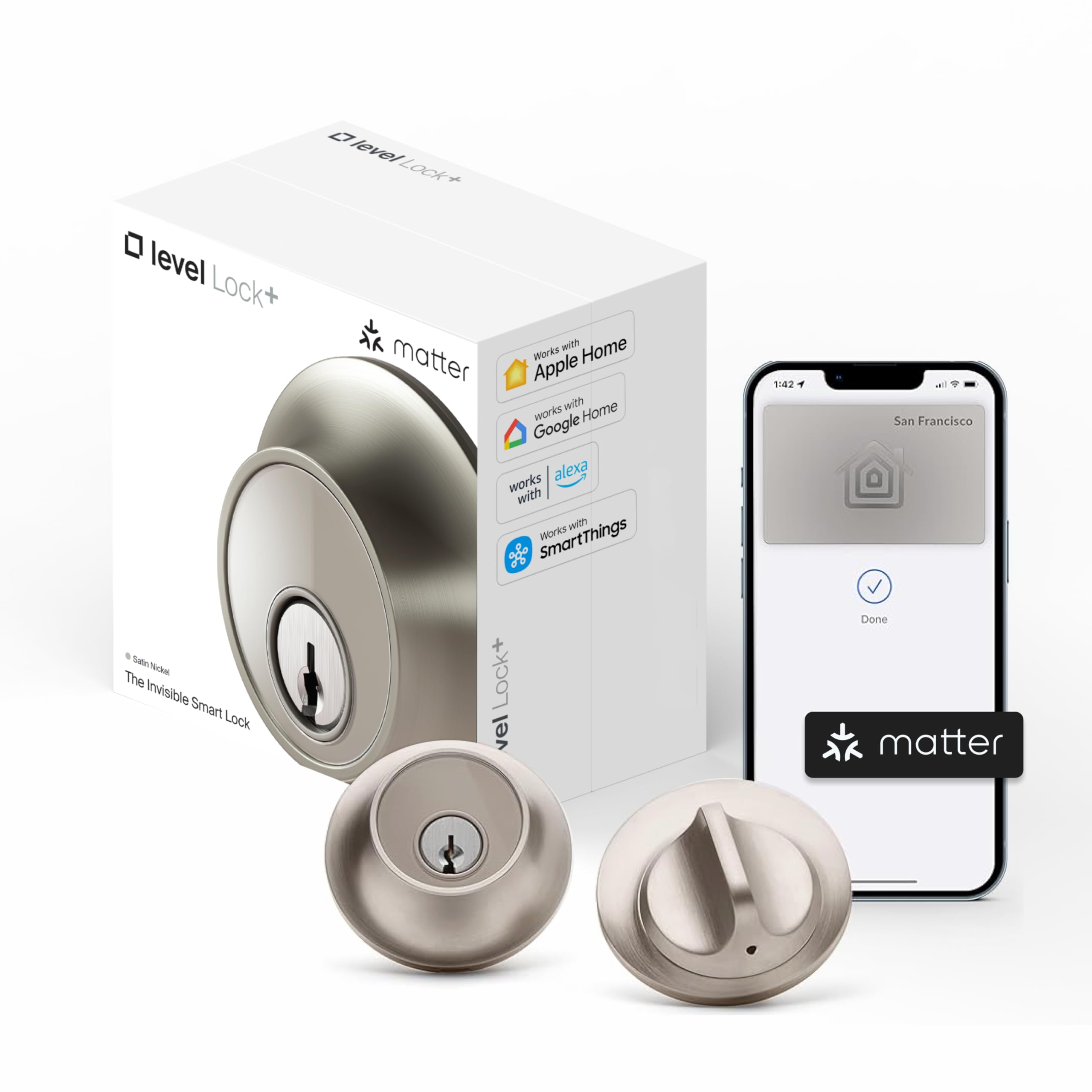 Level Lock+ front door hardware in satin nickel for secure access