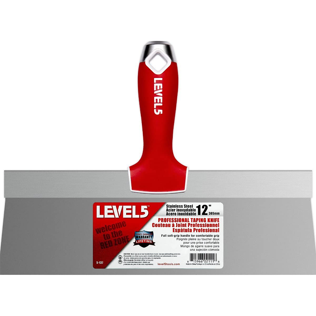 Level5 12in soft-grip tapping knife blade enables precise drywall finishing and faster application.