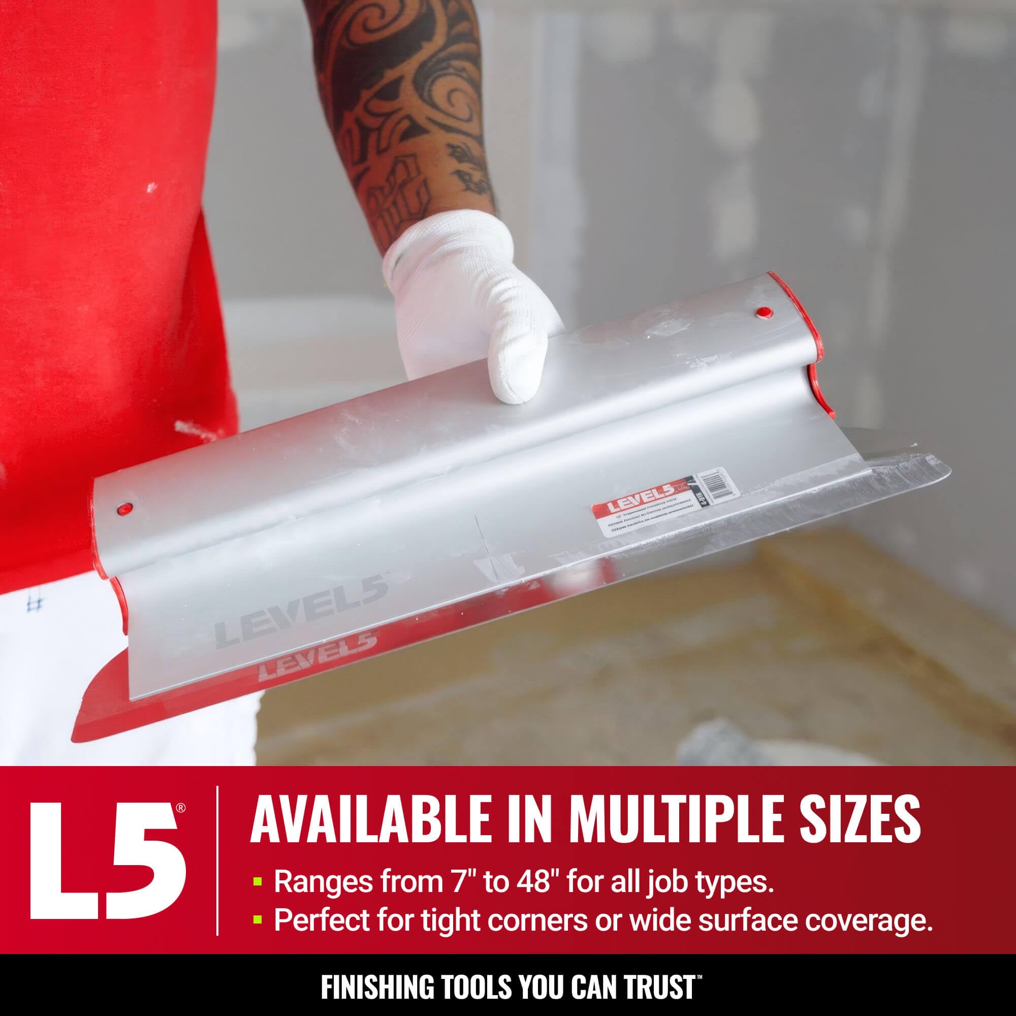 LEVEL5 skimming blade smoothing drywall mud with minimal effort.