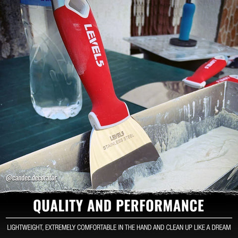 LEVEL5 ergonomic soft-grip handle reduces fatigue during long finishing tasks.