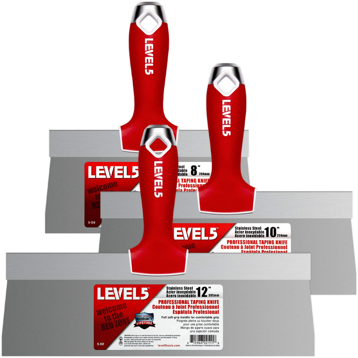 LEVEL5 8-inch stainless steel taping knife with soft grip for smooth drywall finish