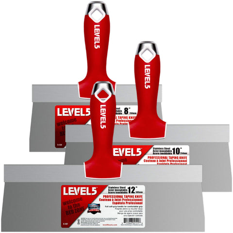 LEVEL5 8-inch stainless steel taping knife with soft grip for smooth drywall finish