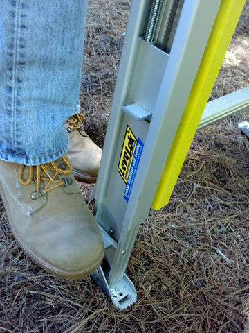 Levelok two-leg ladder levelers installed for quick, stable setup.