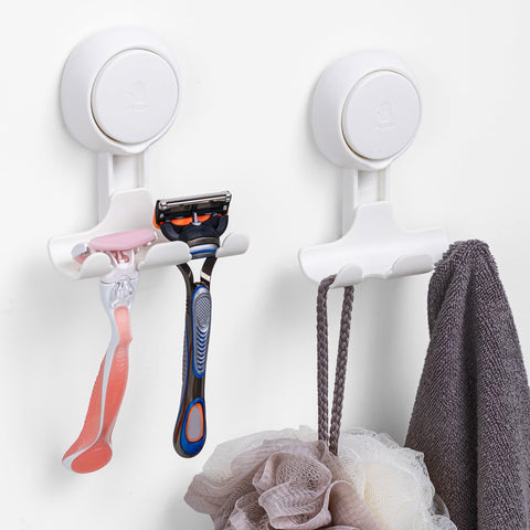 LEVERLOC razor holder 2-pack on smooth shower wall keeps razors organized.