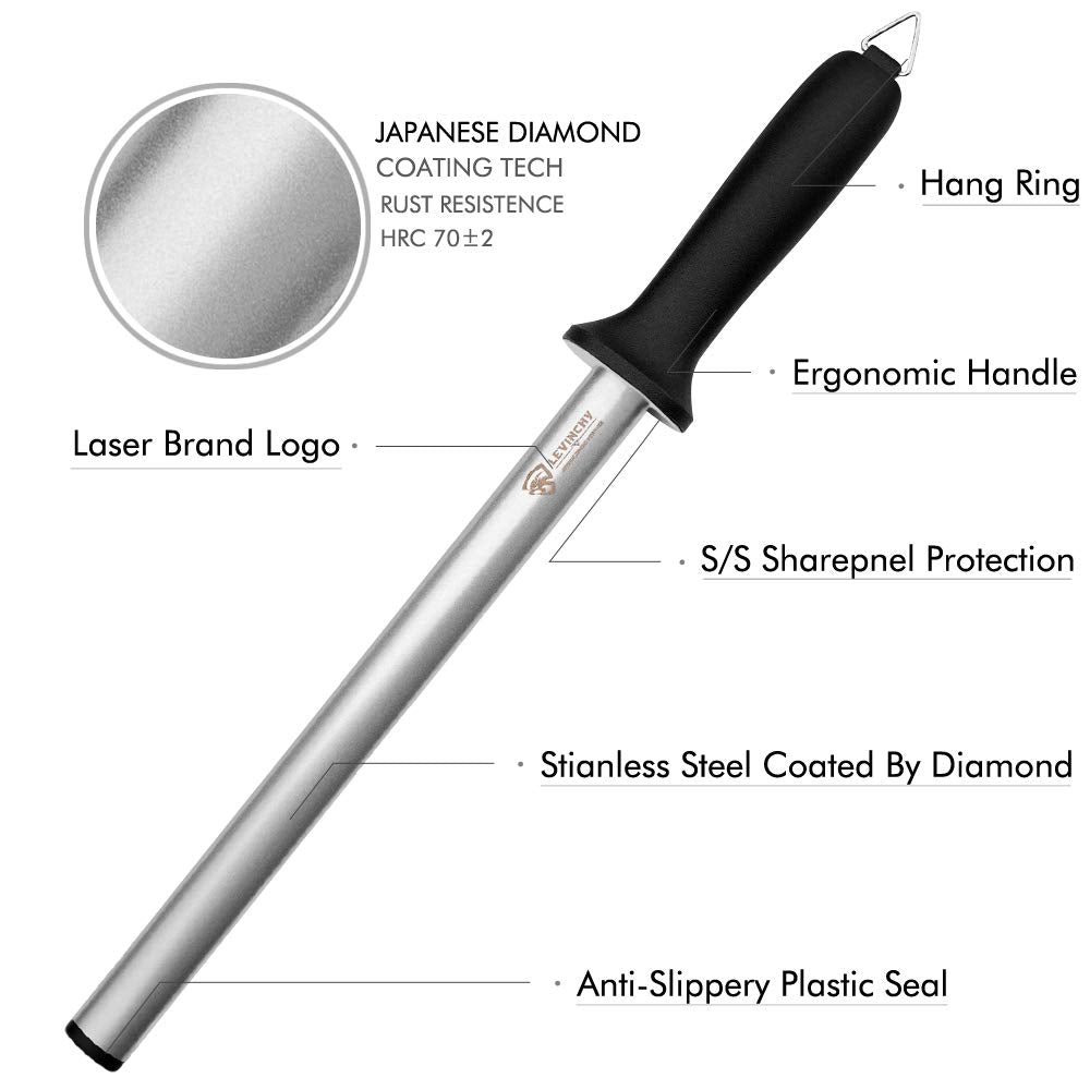Levinchy diamond-coated honing steel provides a smooth edge restoration for all blades.
