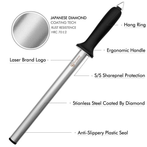 Levinchy diamond-coated honing steel provides a smooth edge restoration for all blades.