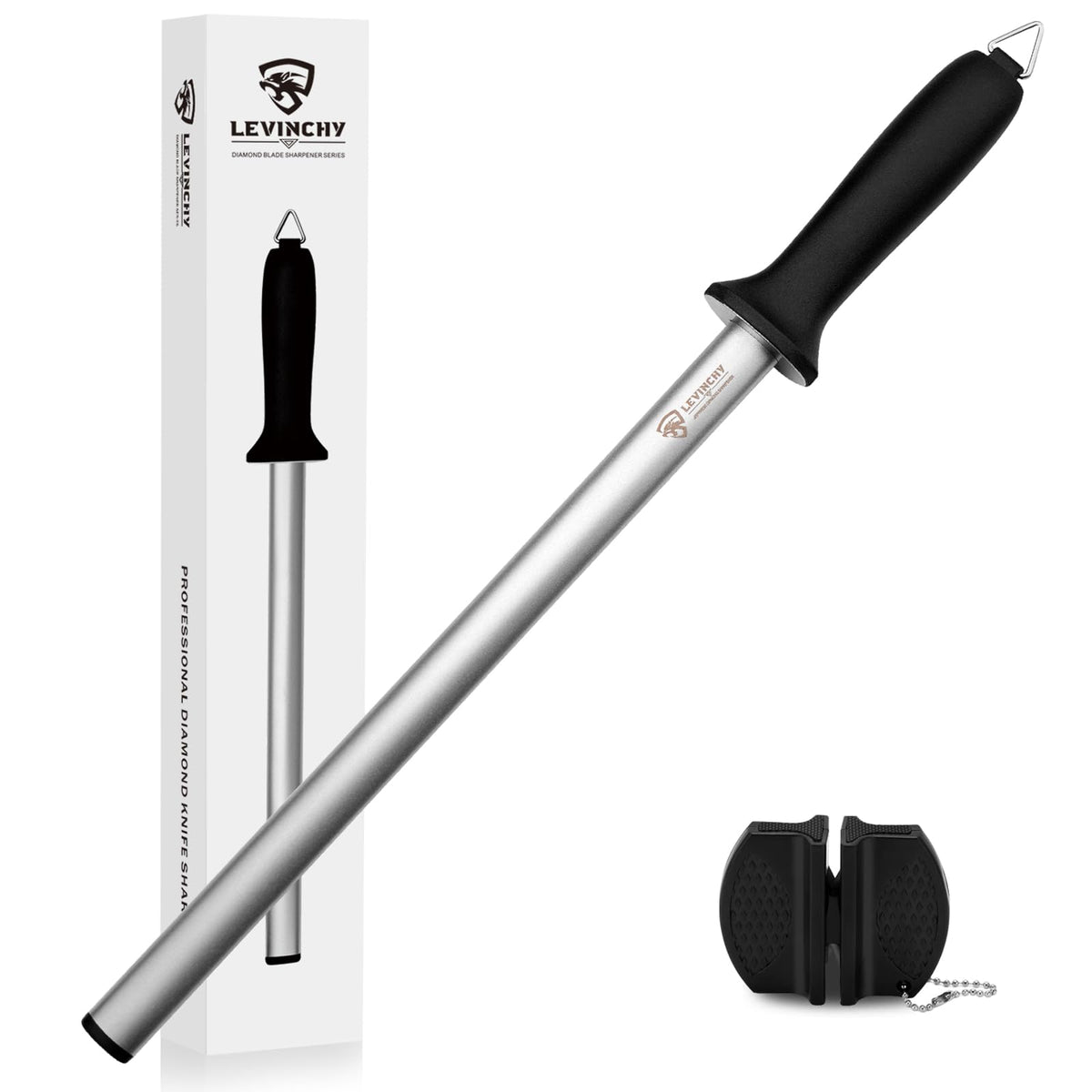 Levinchy diamond knife sharpening steel with ergonomic handle for precise, controlled honing.