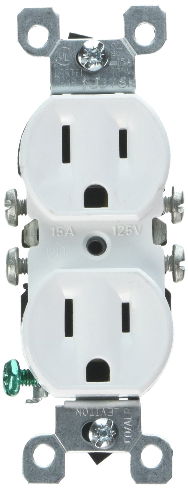 Leviton 12650-W duplex receptacle front view showing easy wiring access and grounding