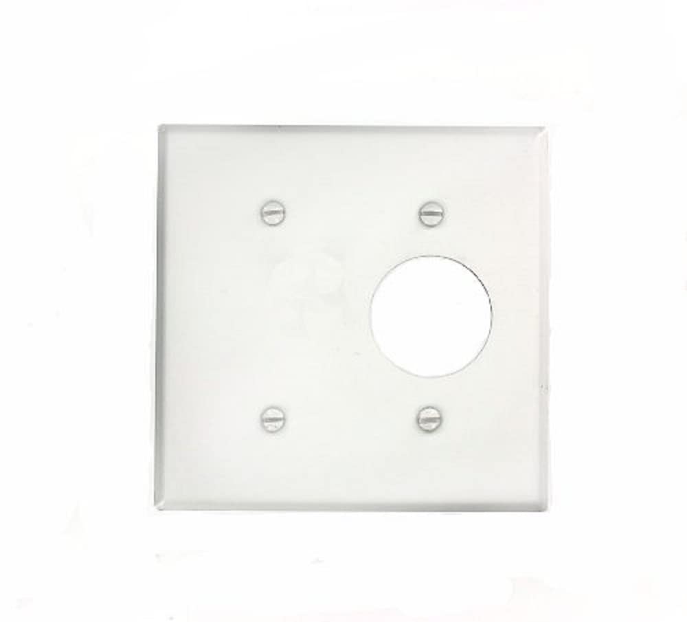 Leviton 2-gang wallplate with strap mount in white, showing clean, durable metal construction
