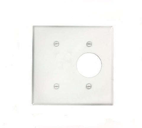 Leviton 2-gang wallplate with strap mount in white, showing clean, durable metal construction