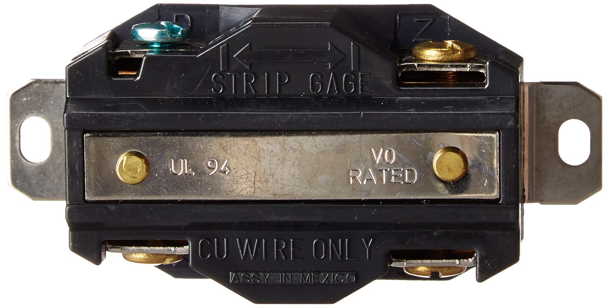 Leviton 2420 industrial-grade receptacle with UL 498 labeling visible.