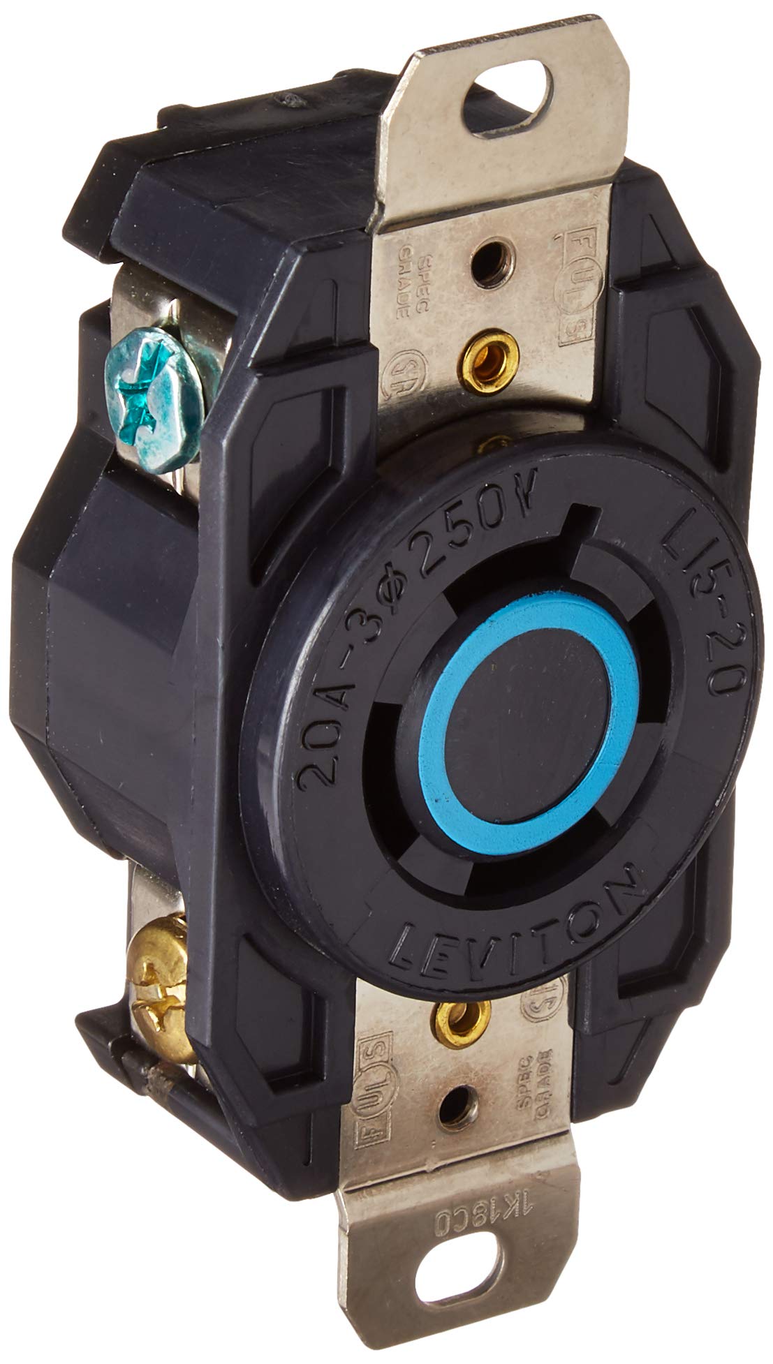 Leviton 2420 locking receptacle front view with color-coded voltage face for quick identification.