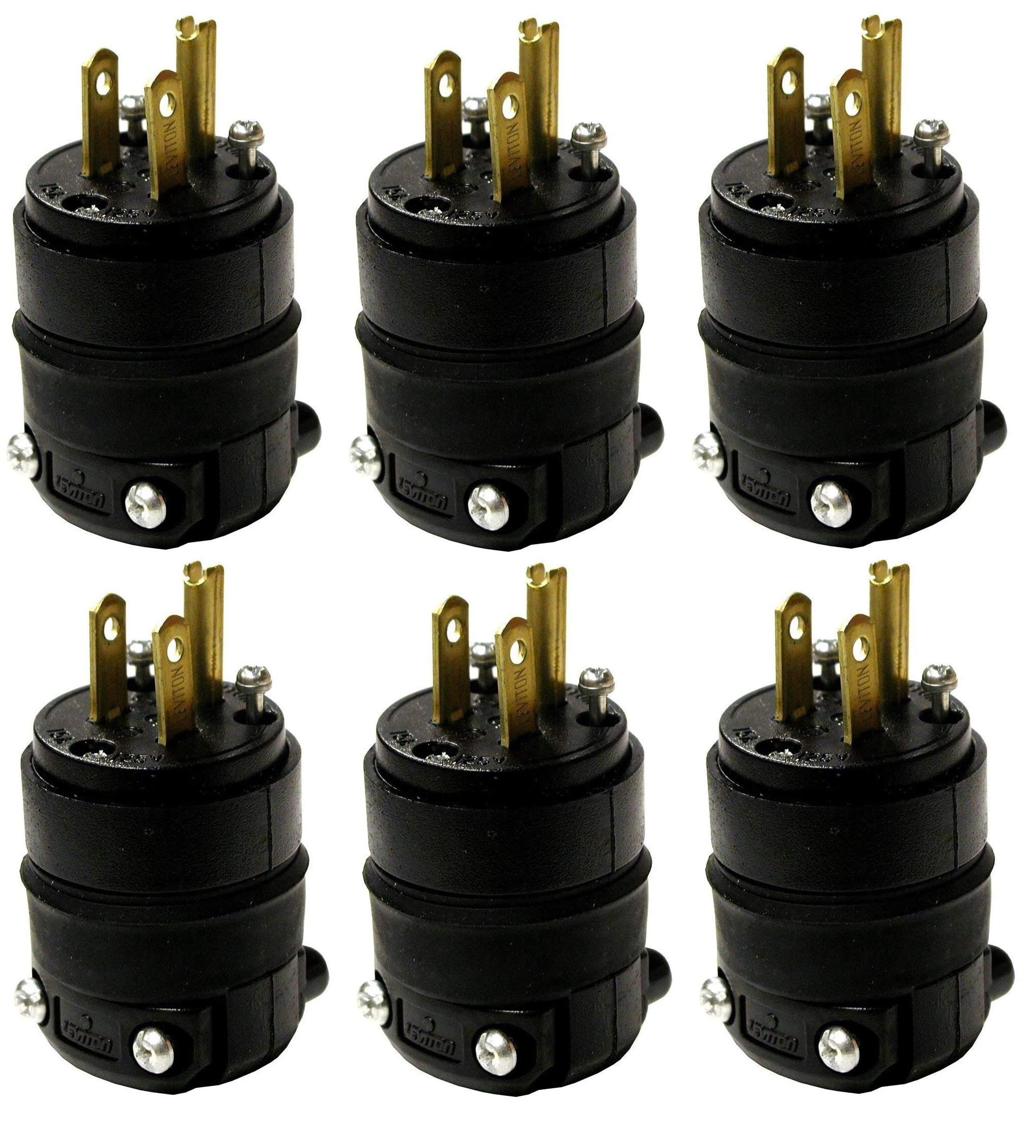 Leviton 515PR rubber-back grounding plug offers secure 2-pole 3-wire connection for durable use.