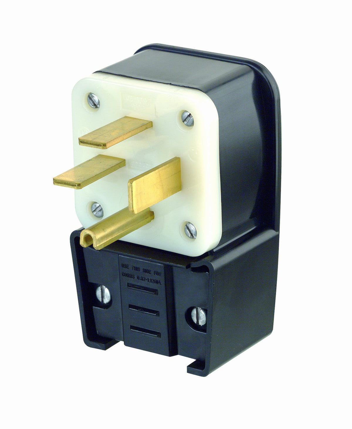 Leviton 8452-P angled plug with ergonomic grip for rugged installations.