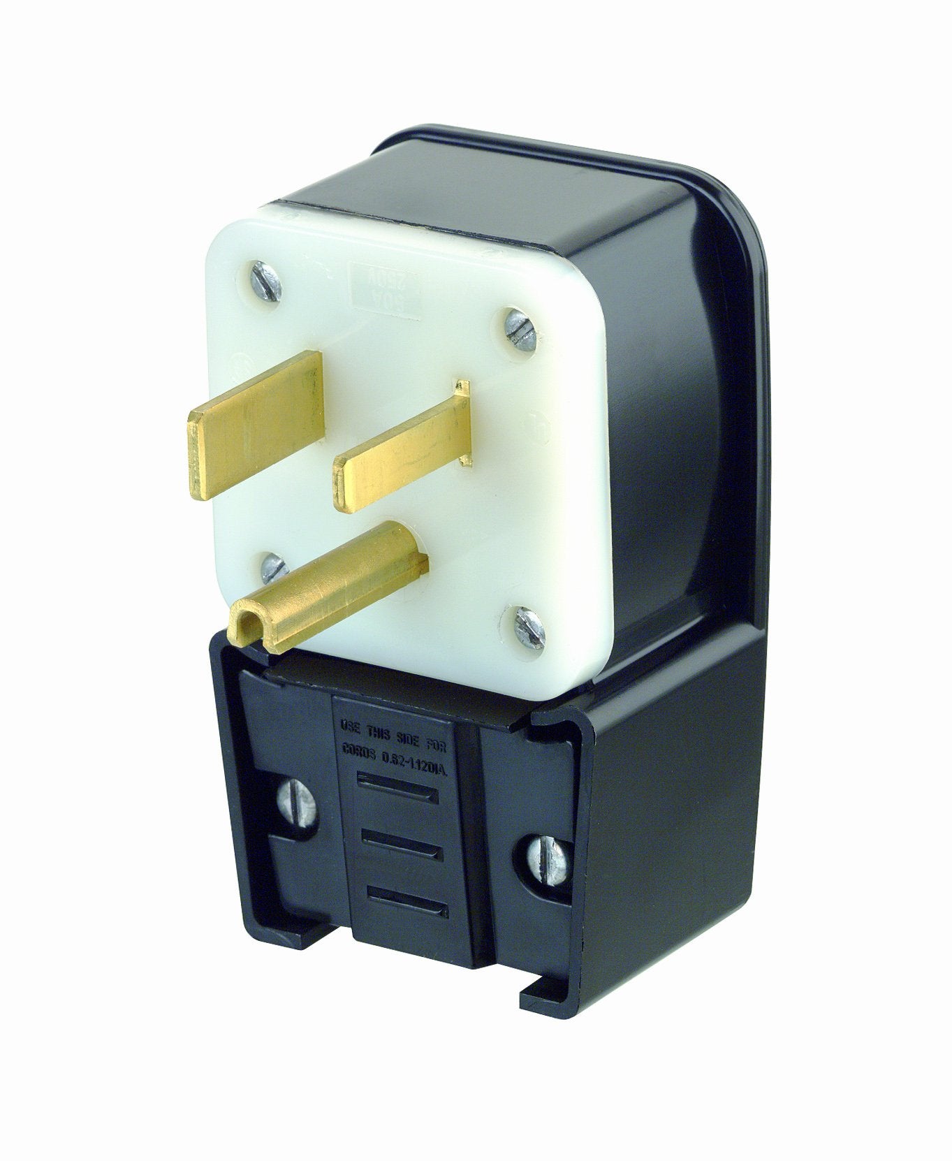 Leviton 9650-P straight blade plug, angled, black, ideal for rugged industrial connections.