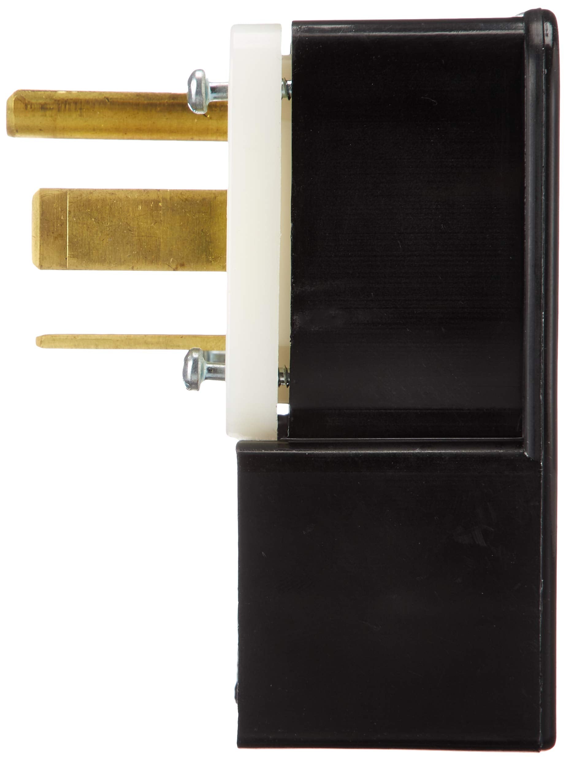 Leviton black industrial plug with cord-size compatibility from 0.625 to 1.375 inches.