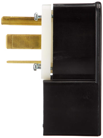 Leviton black industrial plug with cord-size compatibility from 0.625 to 1.375 inches.