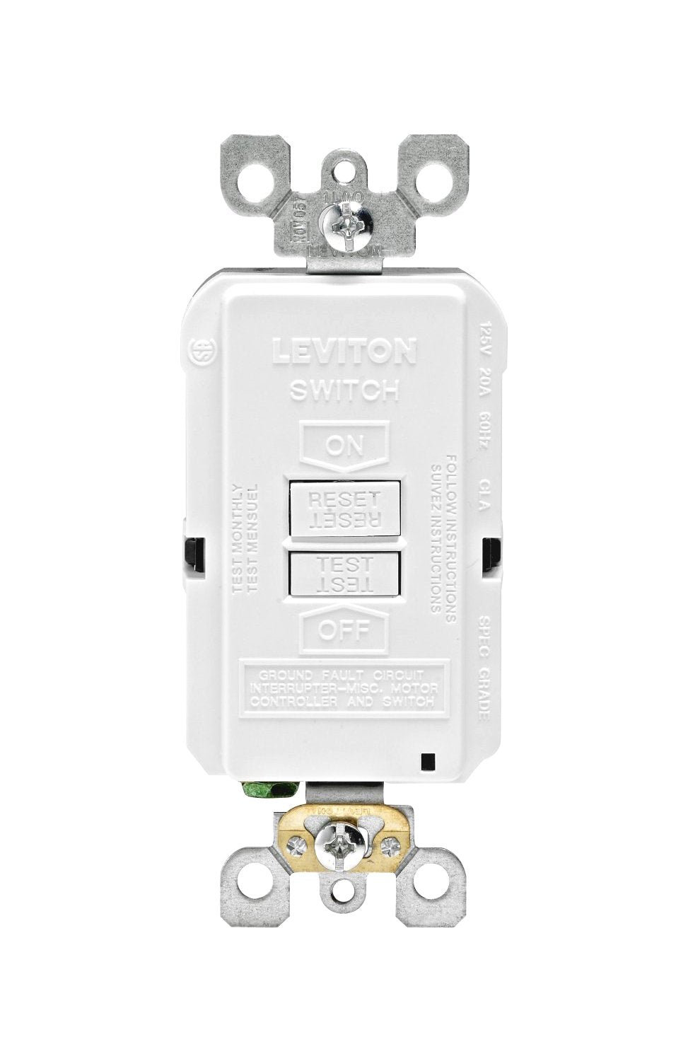 Leviton blank-face GFCI front view shows outlet-free protection behind a spa