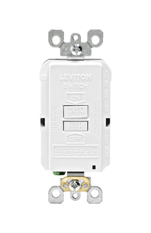 Leviton blank-face GFCI front view shows outlet-free protection behind a spa