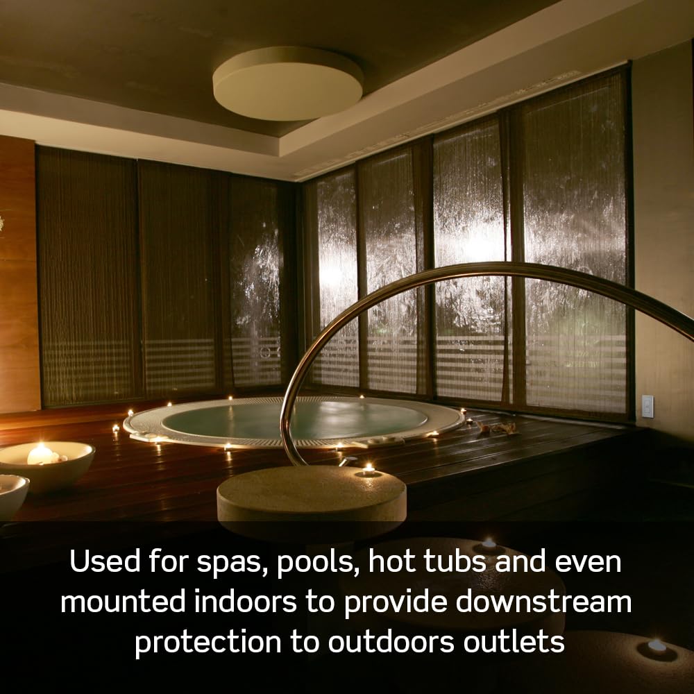 Leviton blank-face GFCI spa installation image emphasizes discreet safety behind equipment