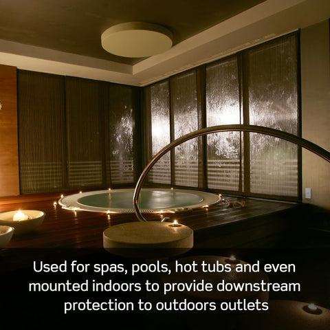 Leviton blank-face GFCI spa installation image emphasizes discreet safety behind equipment