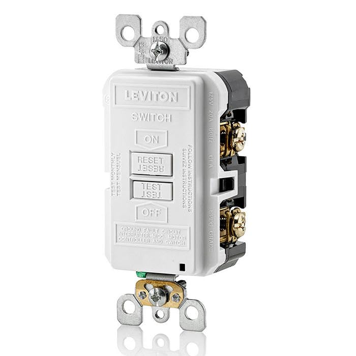 Leviton blank-face GFCI wall-mount shows simple, outlet-free protection near water sources